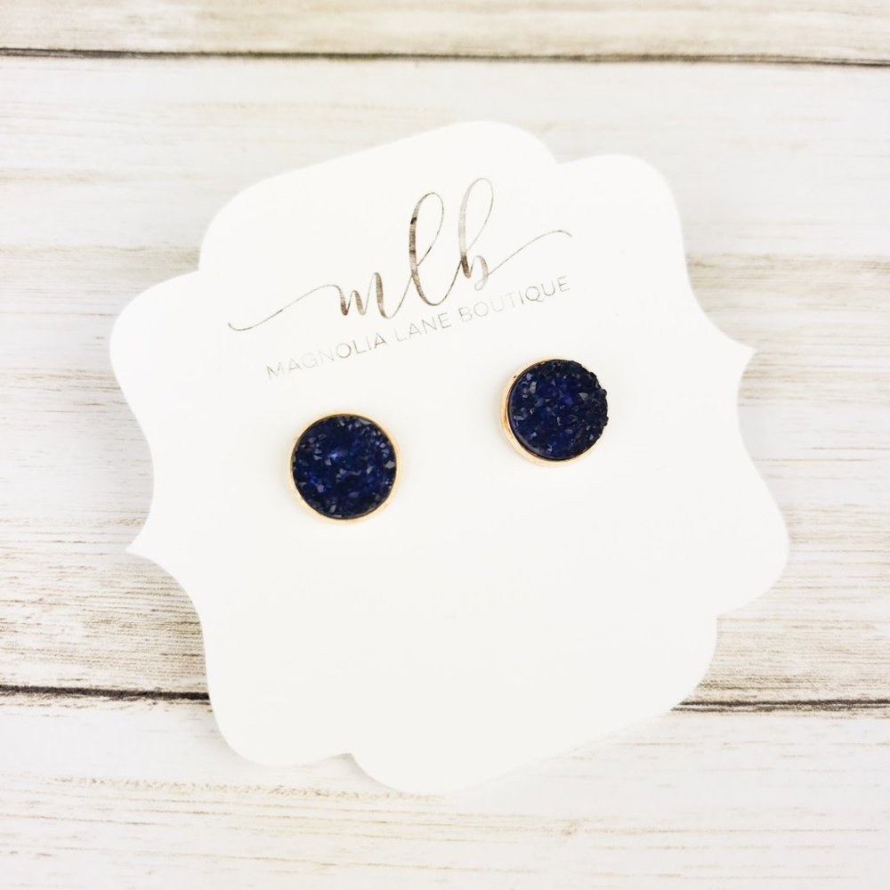 Druzy Stud Earrings - Sapphire on Gold